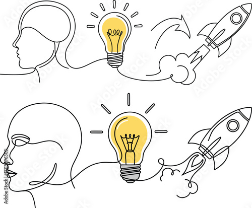 Continuous line drawing of idea leading to rocket launch, simple design