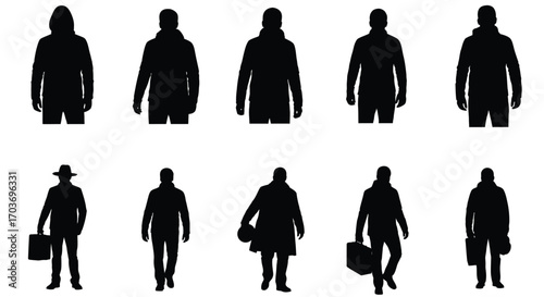 Collection of male silhouettes walking with bags and briefcases casual and formal attire vector
