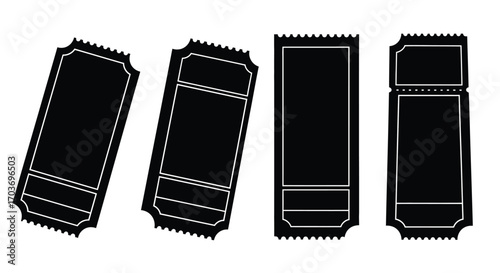 Set of four black silhouetted tickets with perforated edges in different orientations vector