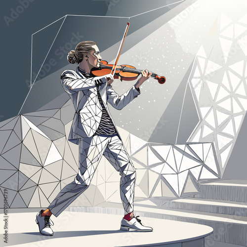 Geometric Vector Illustration of Violinist Performing on Stage in Abstract Polygon Art Design