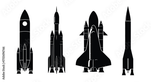 Collection of silhouetted rocket ships and space shuttles ready for launch vector