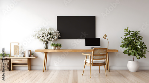 A minimalist  modern living space with a clean white wall and light wooden flooring. A large flat screen TV is mounted on the wall  centered above a long wooden desk with sleek  thin legs.