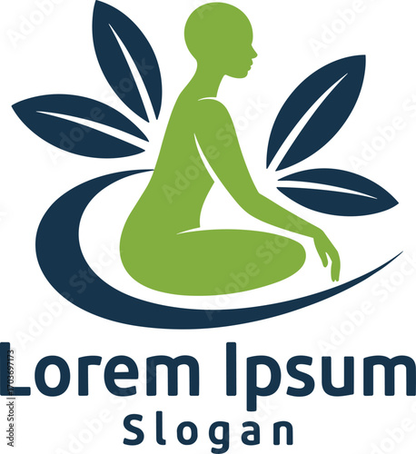 Green Woman Silhouette Seated Leaves Dark Blue Curve Logo Design vector