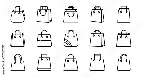 Collection of sketchy hand drawn shopping bags and purses icons for fashion retail and e-commerce vector