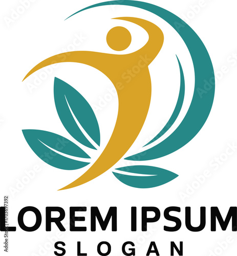 Abstract Gold Teal Wellness Logo Design Human Figure Leaves Circle Emblem vector