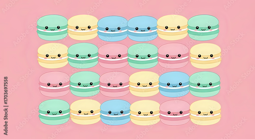 Obraz premium Sweeten your project with these adorable, pastel-colored macarons featuring cute kawaii faces, perfect for adding a touch of whimsy and charm to any design, bringing joy and sweetness