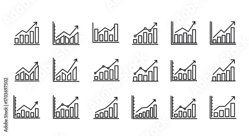 Collection of hand drawn bar and line chart icons representing financial growth and data analysis vector