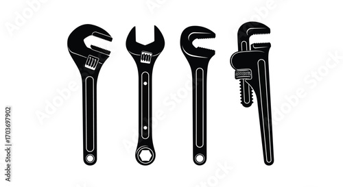 Four assorted wrenches including monkey and open end tools for repair and plumbing work vector