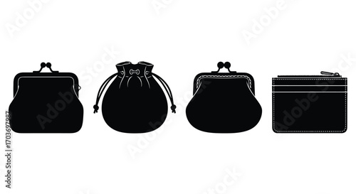 Four black purses and pouches isolated on white displaying variety of styles vector