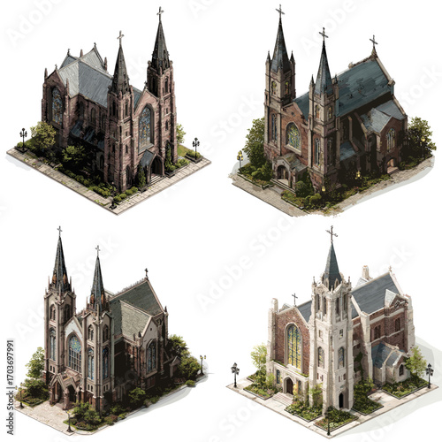 Isometric illustration of Gothic-style churches with tall spires, stained glass, and stone structures, perfect for religion, architecture, and cultural heritage design.