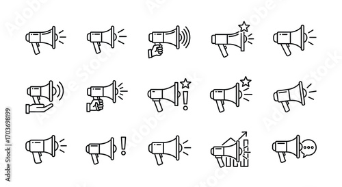 Collection of hand-drawn megaphone icons signaling announcements and promotions diverse designs vector