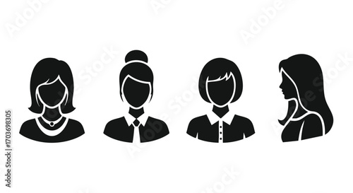 Four simple black female profile icons, various hairstyles, shoulder-length hair, bun, bob.