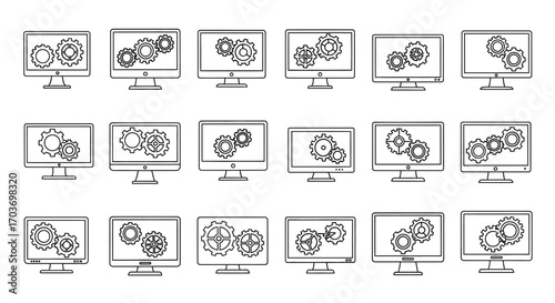 Set of computer monitors displaying gears and mechanical components for technology concepts vector