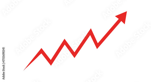 Red arrow pointing upward, illustrating growth and progress with fluctuating trajectory.
