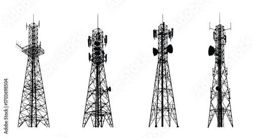 Set of four diverse cellular towers and communication antennas isolated on white backdrop vector
