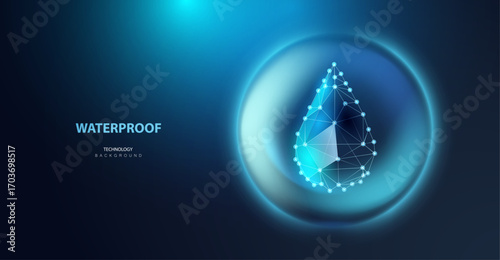 Waterproof technology background vector with glass shield and wireframe water drop for liquid proof protection.