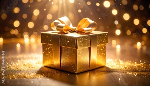Luxurious Golden Gift Box Shimmers with Bokeh Lights for Celebration and Joy