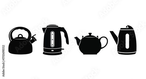 Diverse collection of black kettles and teapots isolated on vector