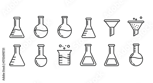 Hand drawn laboratory glassware collection featuring flasks beakers and funnels for scientific research vector