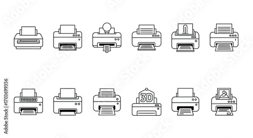 Collection of printer icons showing diverse styles and designs in a clean graphic representation vector