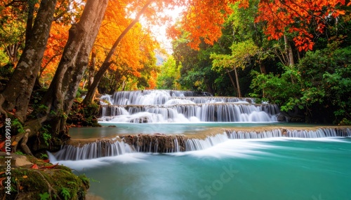 Scenic multilayered waterfall in an autumn forest landscape creating a natural paradise