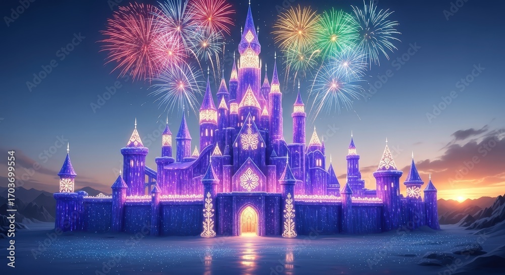 Naklejka premium Stunning Fairy Tale Castle Amidst Colorful Fireworks Display in Magical Winter Landscape