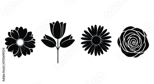 Four diverse silhouette flower designs organic botanical shapes blooming natural beauty decorative elements vector