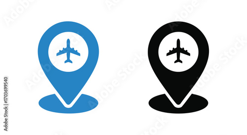 Two stylized location markers, one blue and one black, each featuring an airplane icon.