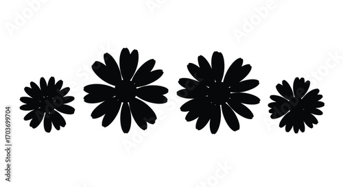 Black silhouettes of four delicate daisy-like flowers with textured petals in a row vector