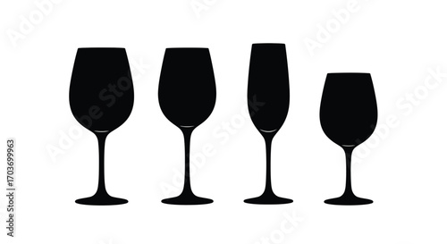 Assortment of four black silhouette wine and champagne glasses isolated vector