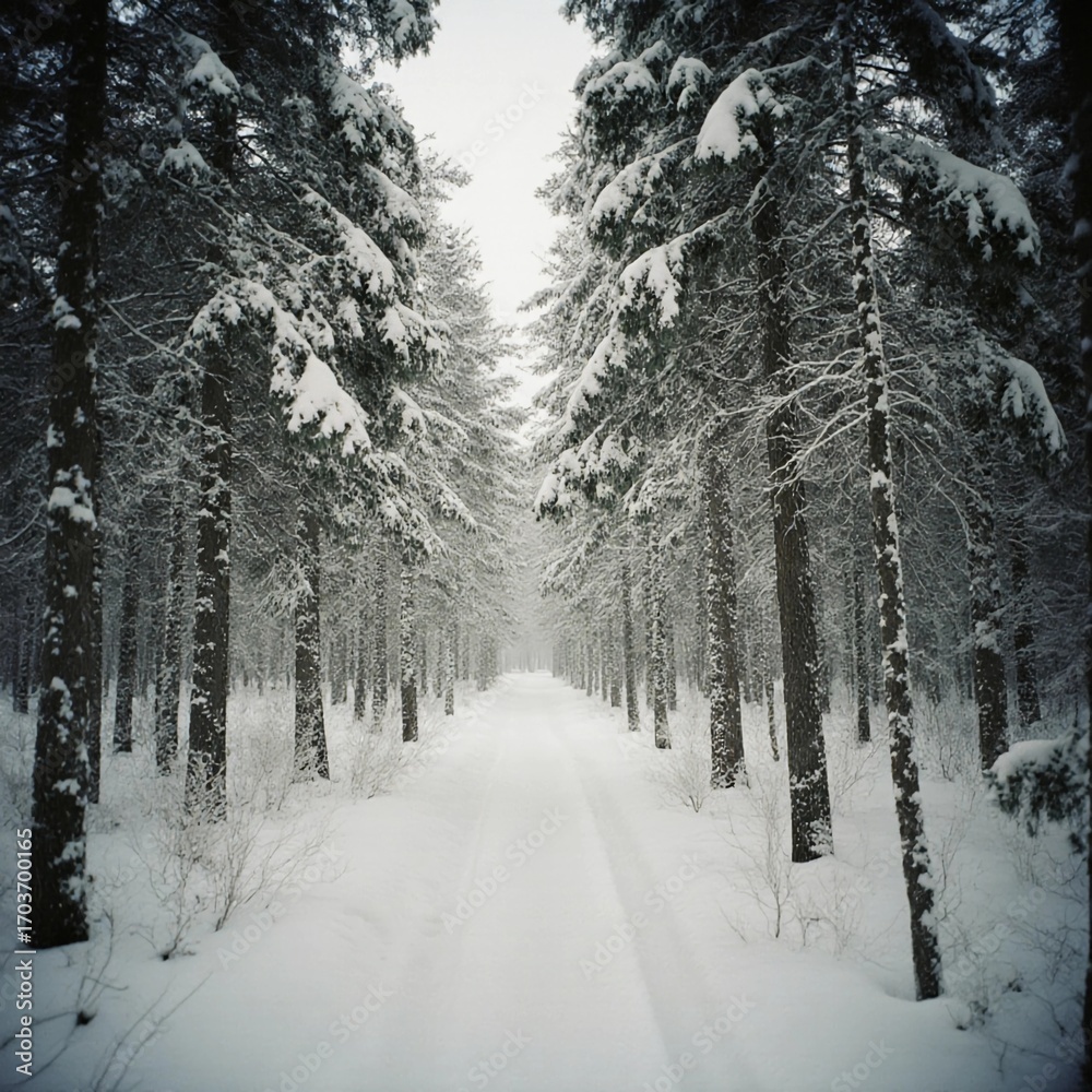 Fototapeta premium A snow covered forest pathway lined with tall trees creates a peaceful atmosphere during the Christmas season. The serene setting invites quiet reflection and holiday joy Generative AI