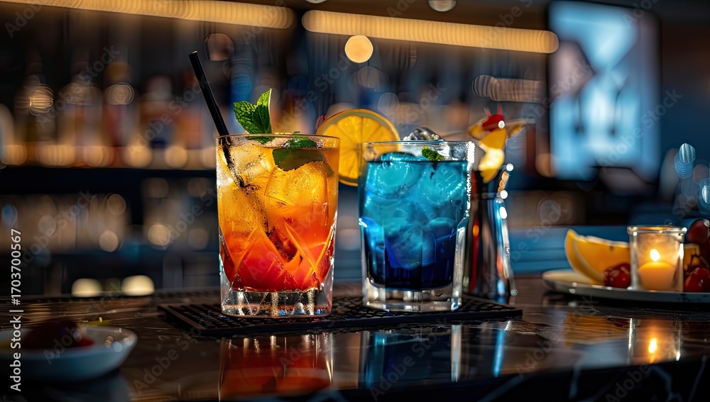 Obraz premium Two vibrant cocktails, one orange and red, the other blue, sit on a dark bar top with garnishes and ice. The blurry background suggests a lively bar setting