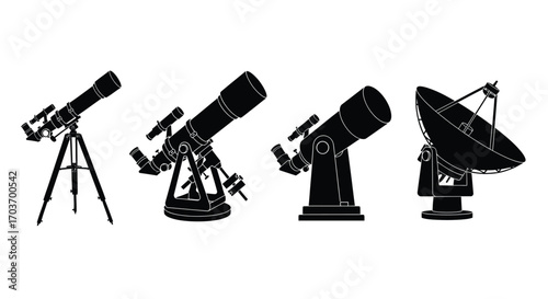 Collection of silhouette telescopes and satellite dish for astronomy and space exploration vector