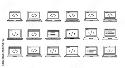 Collection of laptop computers displaying code snippets for programming and web development vector