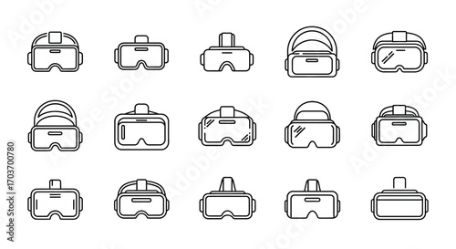 Collection of diverse virtual reality headset icons in a clean outline style for digital use vector
