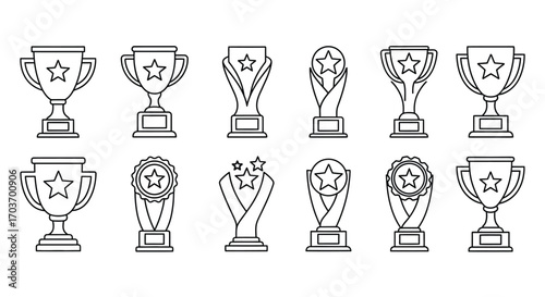 Collection of diverse hand-drawn trophy designs representing achievement and victory in various competitions vector