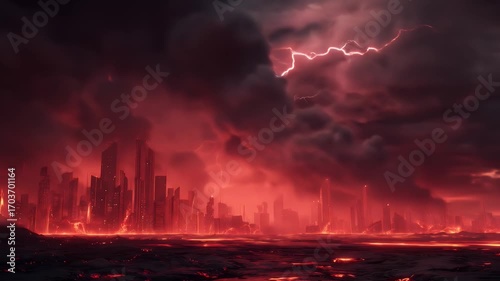 A fiery city under a stormy sky