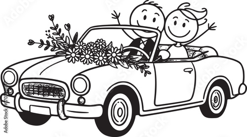 Wedding Car Bliss: A charming illustration of a newly married couple joyfully riding in a classic convertible, the car adorned with a floral arrangement symbolizing love and new beginnings.