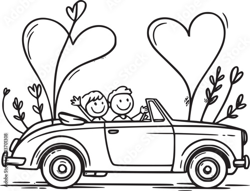 Love on the Road: A charming line-drawing captures the essence of love as a couple cruises in a vintage convertible, their journey marked by hearts, flowers, and a shared sense of joy.