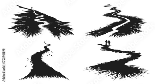 Four stylized abstract black paths or trails with textured edges on white vector
