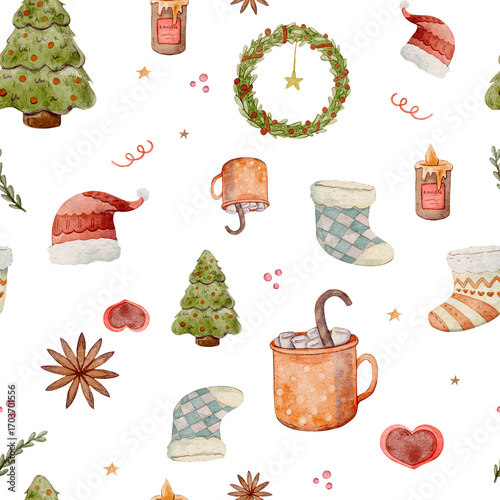 Watercolor Christmas seamless pattern with gifts, pine branches, candles, tree, ornaments and festive stars on transparent background PNG for winter holiday decoration