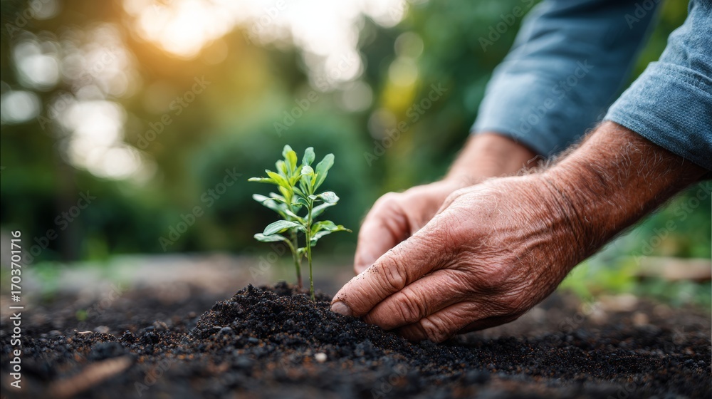 Fototapeta premium A close-up shot of a person's hands gently tending to a young plant sprouting from rich, dark soil. This image evokes themes of growth, care, and sustainability.