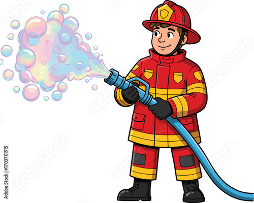 Cartoon Firefighter Spraying Rainbow Bubbles	