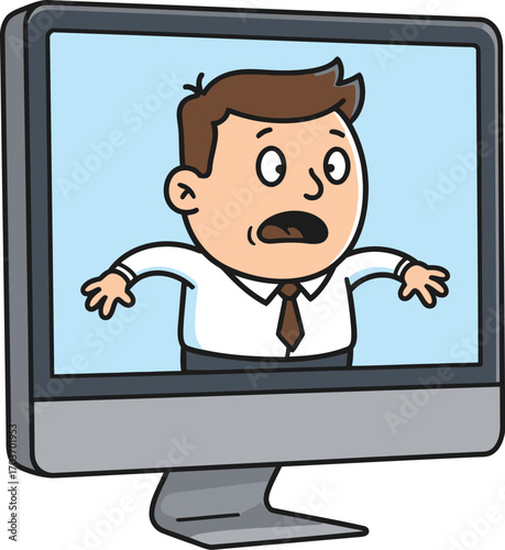technology, computer, internet, digital, online, virtual, web, screen, monitor, display, keyboard, mouse, office, work, business, employee, businessman, man, person, male, character, cartoon, illustra