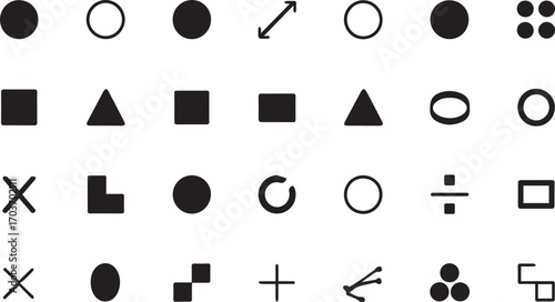 Basic geometric and mathematical symbols set with shapes, operators, and directional elements in minimalist vector style.