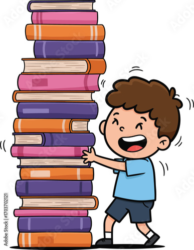 Young Boy Holding Stack of Books	