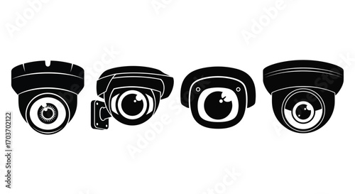 Row of four black surveillance security camera icons isolated on for protection vector