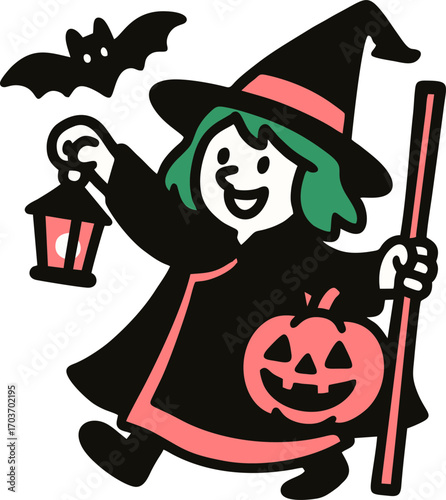 Cute Handdrawn Witch Illustration with Pumpkin and Bat for Halloween Season
