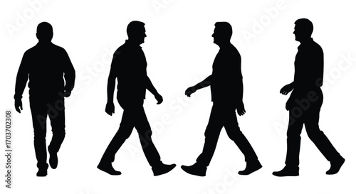 Four silhouetted men walking in sequence demonstrating movement and progression vector