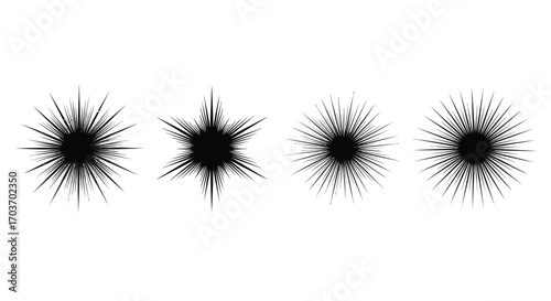 Four unique black starburst splatter brush strokes abstract grunge textures vector